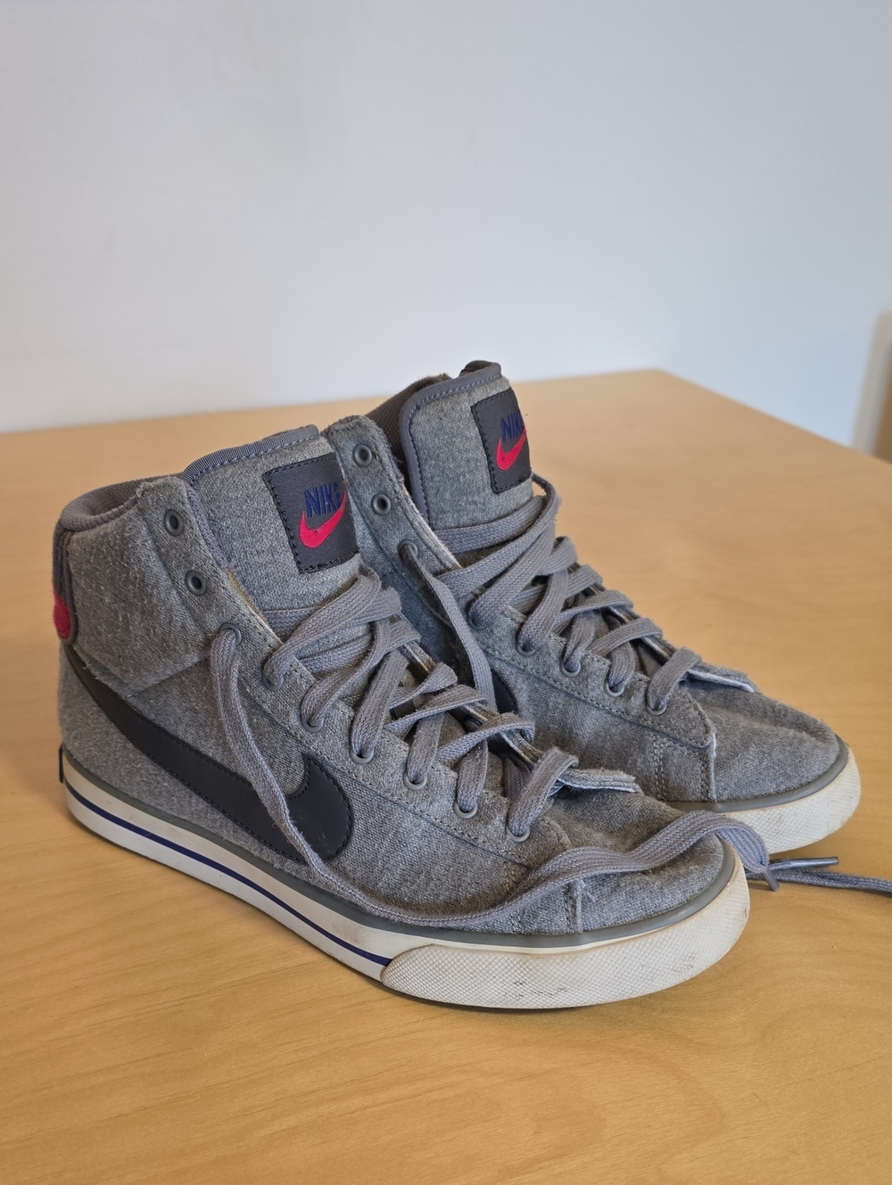 Nike Women's Gray High-Top Sneakers with Black Swoosh and Pink Accent